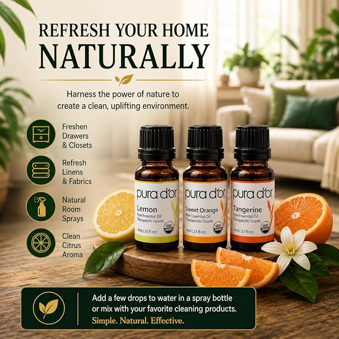 PURA D'OR Organic Perfect10 Essential Oils Set - 10x 10mL Wood Box Aromatherapy Gift Set - 100% Pure Therapeutic Grade for Relaxation and Wellness (Lavender, Peppermint, Eucalyptus, Tea Tree & More)