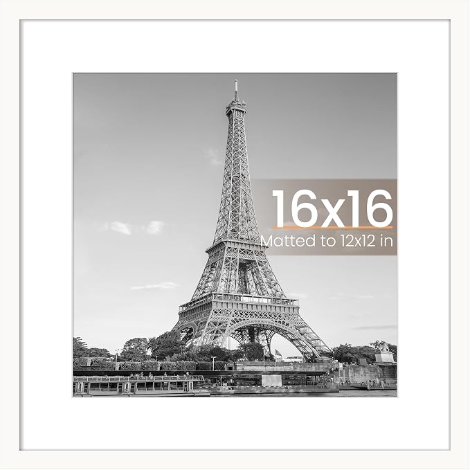 upsimples 16x16 Picture Frame, Display Pictures 12x12 with Mat or 16 x 16 Without, Wall Hanging Square Frames, White, 1 Pack