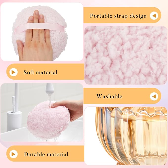 Tioncy 2 Pcs Extra Large Dusting Powder Puff and Container for Women-6'' Glass Crystal Dusting Powder Container with Body Soft Washable Reusable Velour Face(Amber,Scalloped)