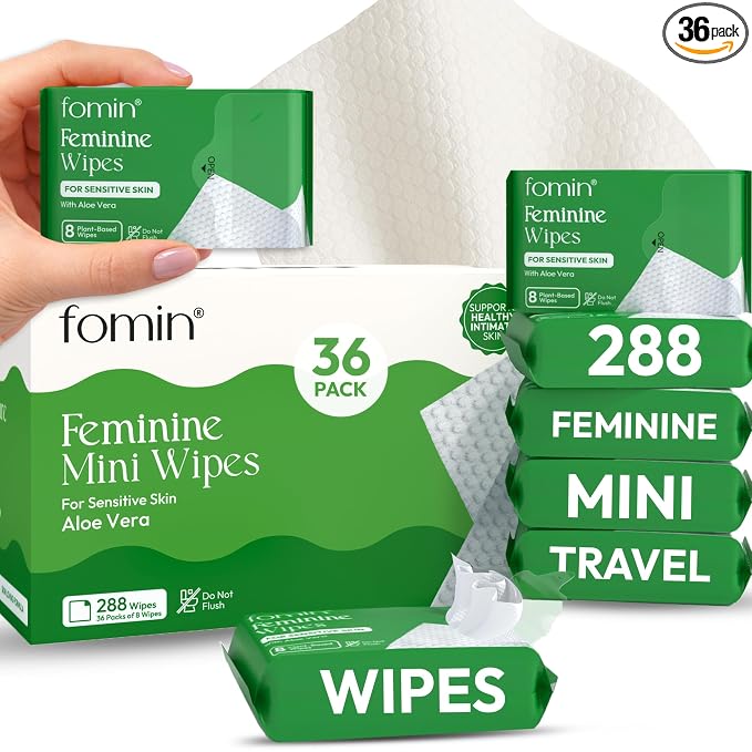 FOMIN Feminine Wipes for Women - 36 Pack (288 Wipes) - pH Balanced Aloe Vera Intimate Cleansing Wipes - Wipes for Sensitive Skin - Individual Packets -Travel Essentials & Gifts for Women & Teen Girls