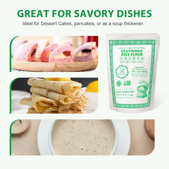 Soeos Glutinous Rice Flour 16 Ounce (Basic), 1 Pack Rice Flour for Baking or Cooking, All Natural White Rice Flour, Vegan, Gluten-Free