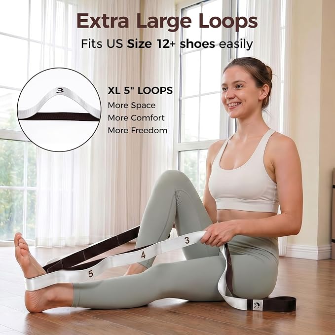 Slim Panda Stretching Strap with Loops - Non-Elastic Heavy Duty Nylon Yoga & PT - Oversized Multi-Loop Home Rehab - Hamstring Shoulder Pilates Flexibility