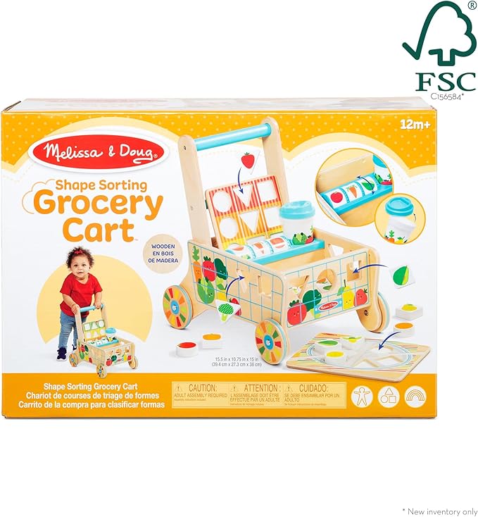 Melissa & Doug Wooden Shape Sorting Grocery Cart - Toddler Toys with 12 Blocks, Puzzle Board and Coffee Cup for Pretend Play and Montessori Toys - FSC Certified