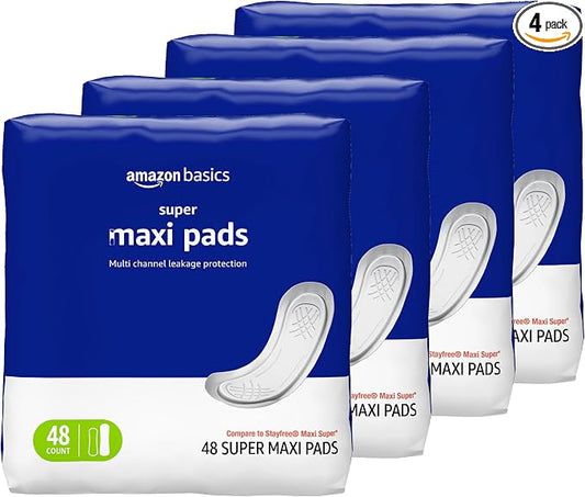 Amazon Basics Maxi Pads for Periods- Thick, Super Absorbency, Unscented, 192 Count, (4 Packs of 48)