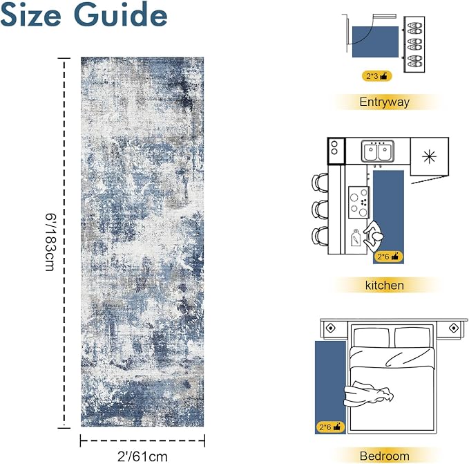 2x6 Ft Washable Runner Rug, Non-Slip Low Pile Hallway Kitchen Area Rug, Soft Long Entryway Floor Mat Abstract Pattern Carpet for Bedside & High-Traffic Areas (Blue)