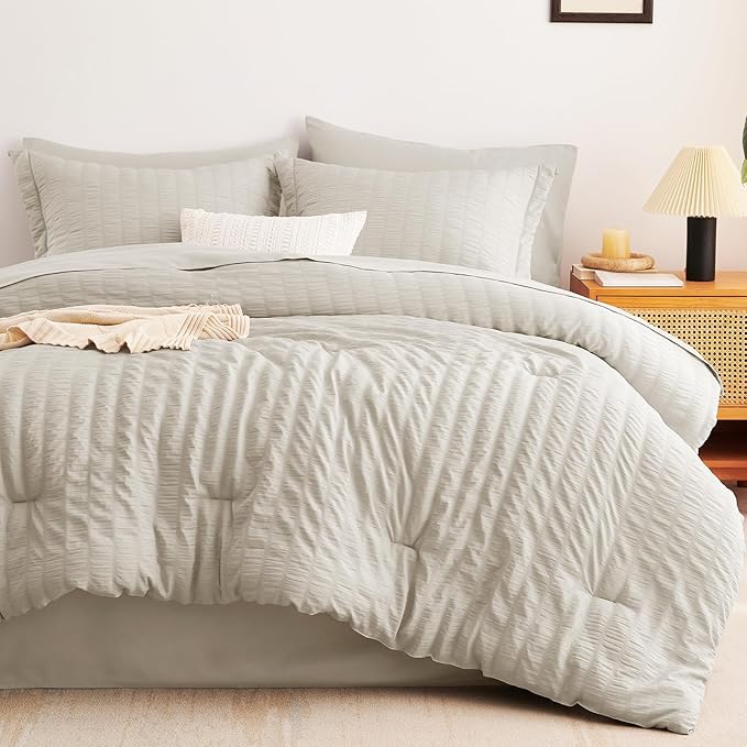 CozyLux Twin XL Comforter Set with Sheets Seersucker Beige 5 Pieces Bed in a Bag, Twin Extra Long Luxury Soft Bedding Sets for College Dorm with Down Alternative Comforter, Sheets, Pillowcase & Sham