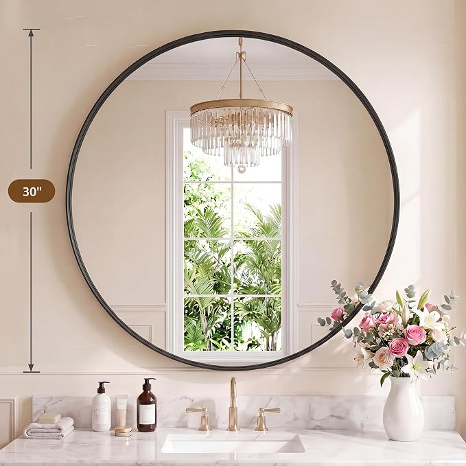 Sweetcrispy Bathroom Round Mirrors for Over Sink, 30 Inch Wall Circle Mirror with Matte Metal Frame, Modern Wall Mount Vanity Mirror for Home Decor, Living Room, Bedroom, Black