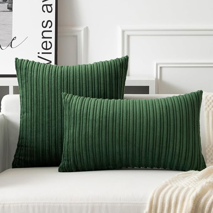 UGASA 12x20 Inch Lumbar Soft Throw Pillow Cover Boho Farmhouse Striped Corduroy Decorative Both Sides Solid Rectangular Cushion Case for Couch Bedroom Sofa Home, 1 Piece, Christmas Green