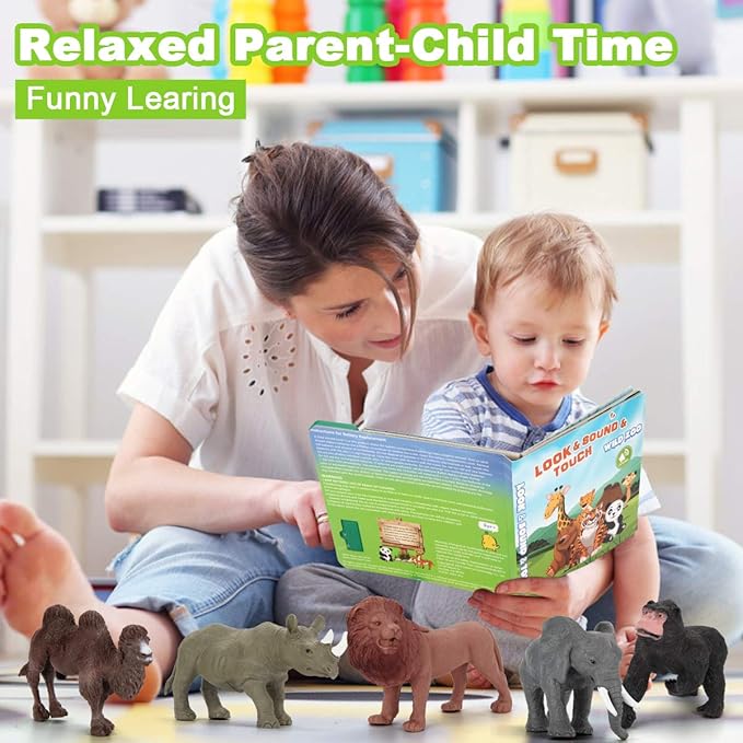 Safari Animals Figures Toys - 13 Realistic Wild Plastic Animal Figurines & Kids Sound Book - Educational Learning Toys Gift for 3 Years Old & Up Boys Girls Toddlers