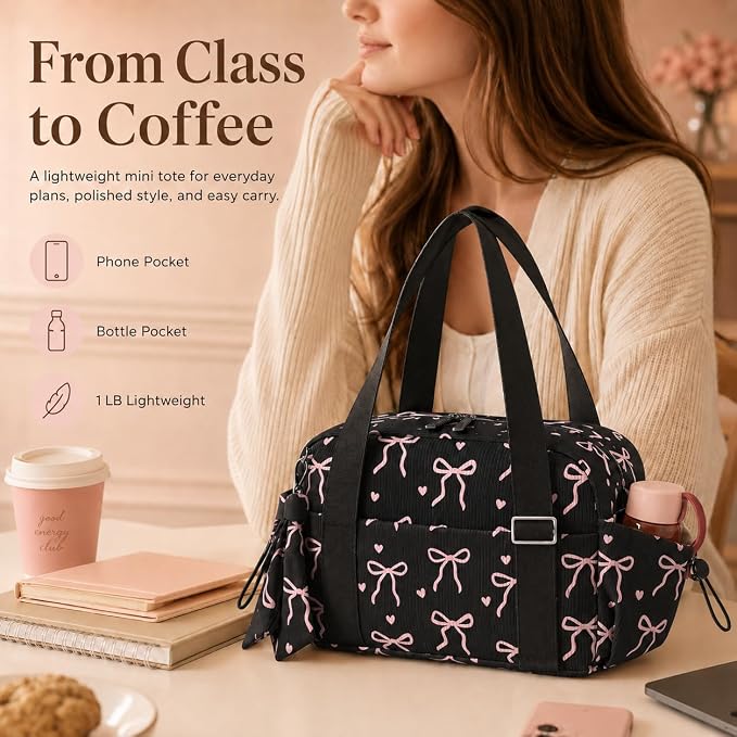 LOIDOU Aesthetic Dance Bag for Girls Corduroy Lightweight Bow Ballet Gymnastic Bag, Small Gym Bag for Women with Wet Dry Pocket, Cute Tote Bag Gifts for Birthday Christmas