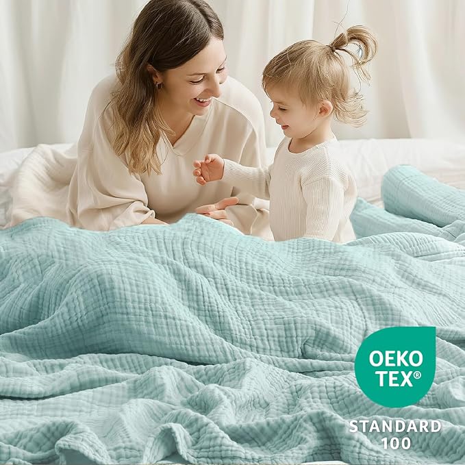 100% Cotton Muslin Blanket California King 120" x 90", 6 Layers Breathable and Lightweight Oversized Blankets for Bed, Soft Cooling Gauze Blanket for Adults All Season, Mint