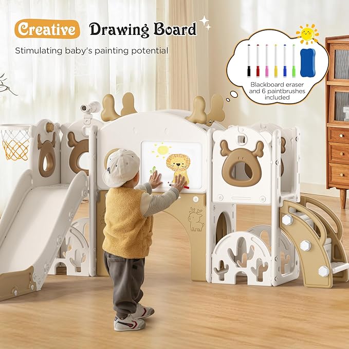 Toddler Slide, 11 in 1 Toddlers Playset New Upgrade with Kids Slide, Drawing Board, Golf Set, Basketball Hoop and Storage Space for Toddler Age 1-3, Backyard Playground Indoor and Outdoor