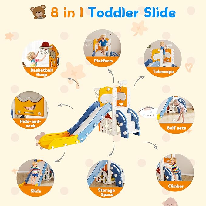 8-in-1 Toddler Slide, Indoor Slide for Toddlers Ages 1-3 and Indoor/Outdoor Play Set Playground with Storage, Climber, Telescope, Golf Set, Drawing Set, Basketball Hoop Bear Theme