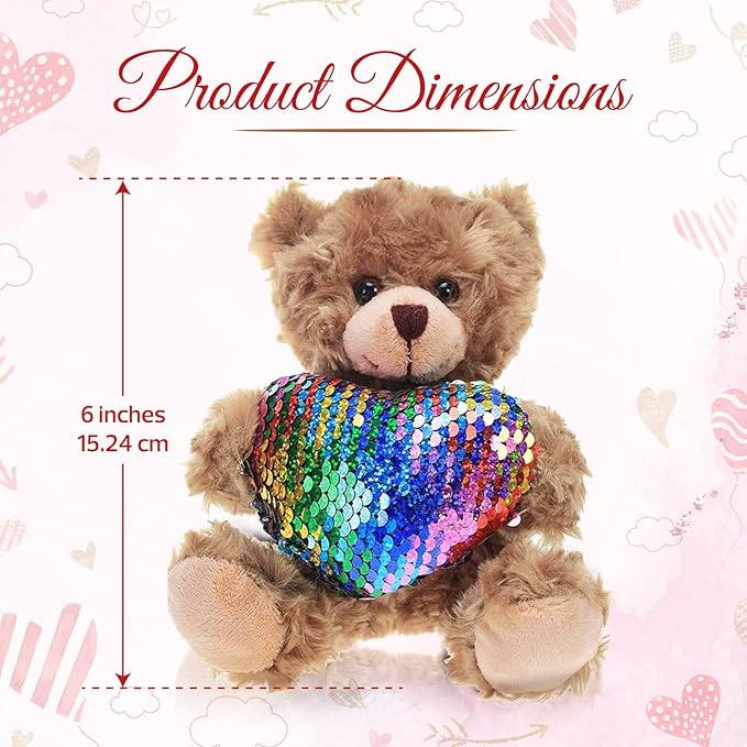 Plush Stuffed Animal Mocha Heart Bear – Love You Bears- Toy for Kids & Adults Valentine's Day - Embroidered Heart Pillow (6 Inch, Colorful Heart)