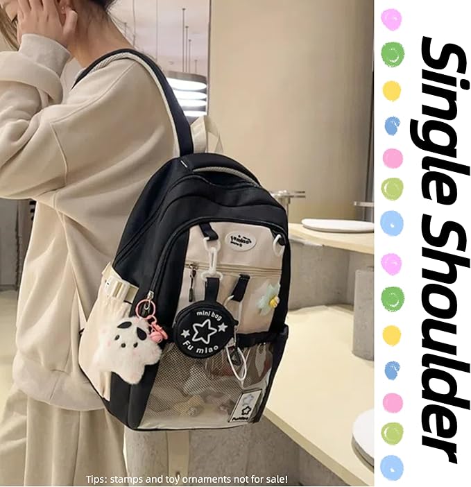 Kawaii Backpack Double Shoulder Bag with Cute Star Removable Pouch Clear Pocket Large Capacity Dopamine Colors Daypack (Clear Black)