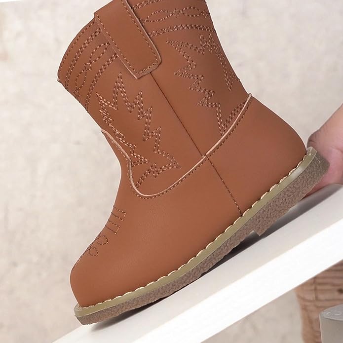 Newsonet Baby Cowboy Cowgirl Boots Infant Western Boots Toddler Boys Girls Round Toe Riding Mid Calf Boots All Seasons for 6 9 12 18 24 Months