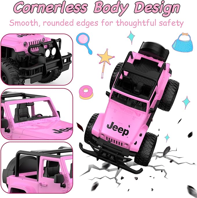 DOUBLE E Jeep Licensed 1:14 Scale Pink Remote Control Car for Girls with 2*DIY Stickers, Open-top Design RC Jeep, 80Min Play 2.4Ghz Off Road RC Trucks with LED Lights, Birthday/Xmas Gifts for Girls 6+