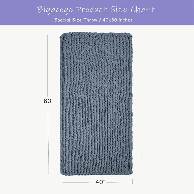 Bigacogo Chunky Knit Throw Blanket for Couch, 40x80 inches, Cold Sea Blue | Hand Knit with Jumbo Chenille, Soft Breathable Cable Knit for Sofa Bed Living Room, Machine Washable, Gift for Mom Friend