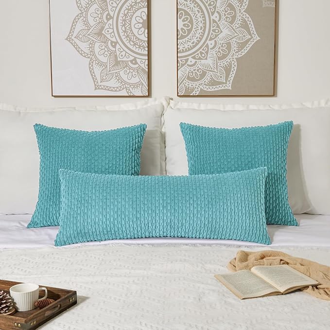 Kevin Textile Soft Corduroy 14"x36" Lumbar Pillow Cover 1 Pack, Aqua Green | Boho Stripe Plush Corduroy Decorative Oblong Cushion Cover Modern Farmhouse Home Decor for Sofa Couch Bed Chair