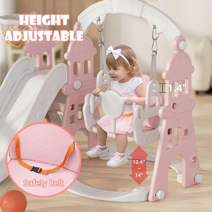 XJD 6-in-1 Toddler Slide and Swing Set, Kids Slide for Toddlers Age 1+, Toddler Outdoor Playset with Basketball Hoop, Football Frame, Swing, Outdoor Indoor Playground for Toddlers 1-3 (Pink)