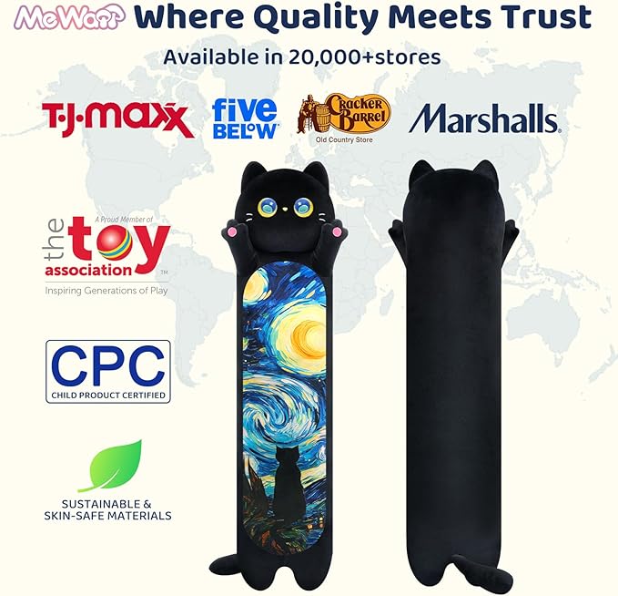 Long Cat Plush 5 Sizes, 120% Extra Filling Giant Plushness Kids Body Pillow, Kawaii Cute Black Starry Cat Stuffed Animals Plushies, Big Long Body Pillow Cat Plush Gift for Girls 53”
