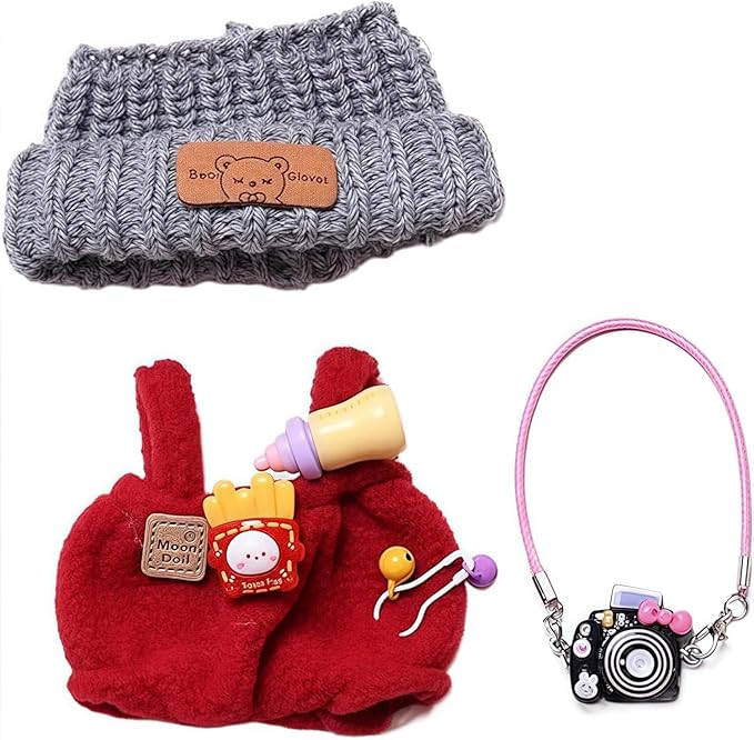 Designer Clothes for 15cm/17cm Dolls, Doll Knit Outfit Accessories with Red Sweater Overall, Black Camera and Beanie, DDK-Red