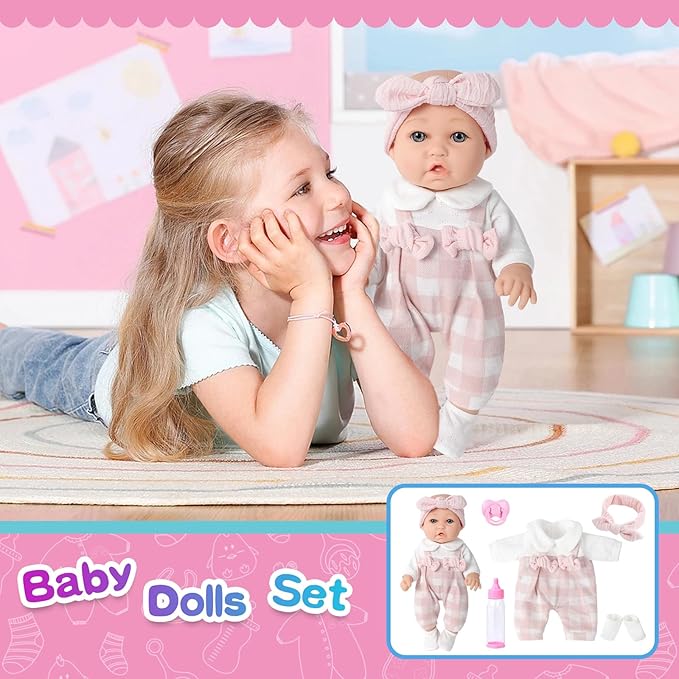 12'' Baby Doll and Clothes Accessories Playset with Feeding Bottle Pacifier First Baby Dolls for Toddlers 36 Months and Up