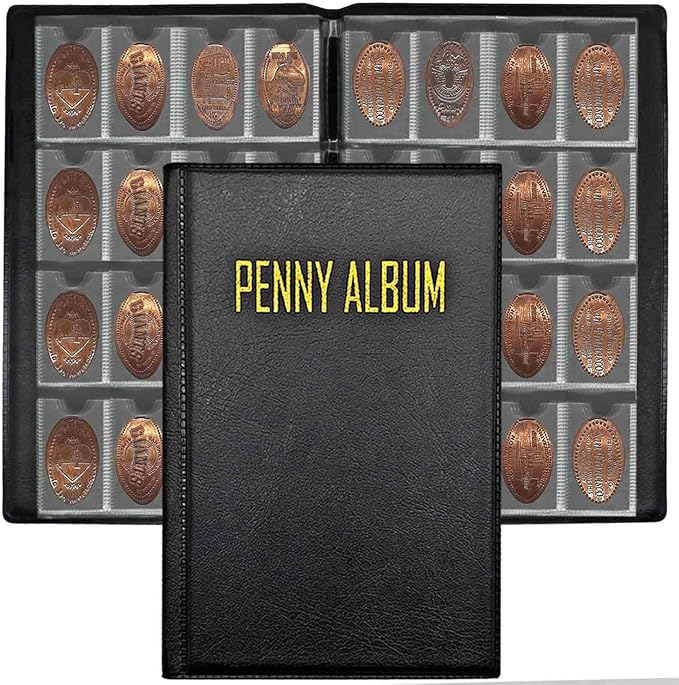 192-Pocket Penny Album, Compact Pressed Penny Collector Book, Durable Black Faux Leather Penny Holder for Travel Collection