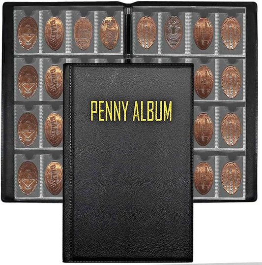 192-Pocket Penny Album, Compact Pressed Penny Collector Book, Durable Black Faux Leather Penny Holder for Travel Collection