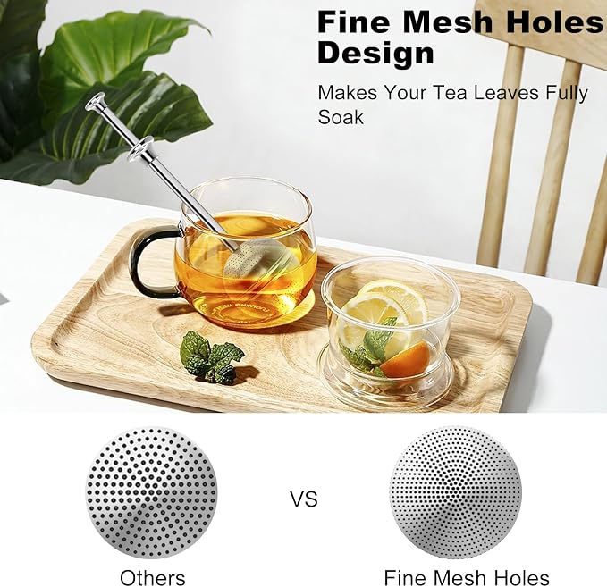 Long Handle Tea Ball, One Handed Pressing Operation, Easy to Use, 2Pcs | Fine Mesh Holes, Plastic Handle with Stainless Steel Ball, No Tea Residue, For Cup and Teapot, Tea Lover Gift