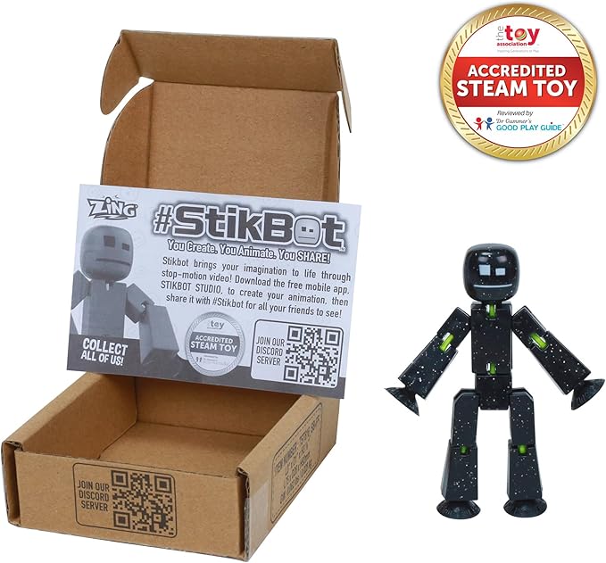 Zing StikBot Single Pack - Includes 1 StikBot - Collectible Action Figures and Accessories, Stop Motion Animation, Ages 4 and Up (Solid Black Sparkle)