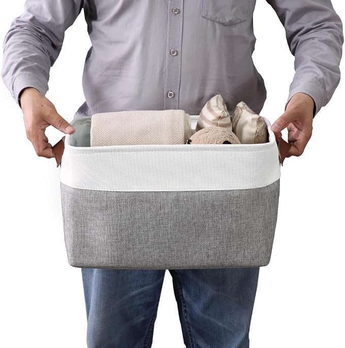 DECOMOMO Storage Bins, Extra Large Fabric Storage Baskets for Shelves 4Pack | 15.8 x 12.5 x 10 inches Decorative Linen Closet Organizers (Grey & White)