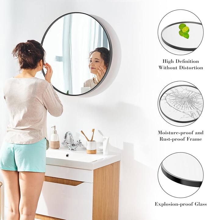 Sweetcrispy Round Bathroom Mirror for Over Sink, 30 Inch Wall Mounted Vanity Mirror with Matte Metal Frame, Decor for Bathroom, Entryway, Bedroom, Black