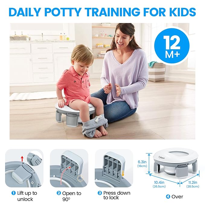 Orzbow Portable Potty Training Toilet, Travel Potty Seat for Toddler Boys Girls with Splash Guard, Potty Training Essentials, Foldable, Includes Free Travel Bag and 40 Liners, Indoor/Outdoor Use, Grey
