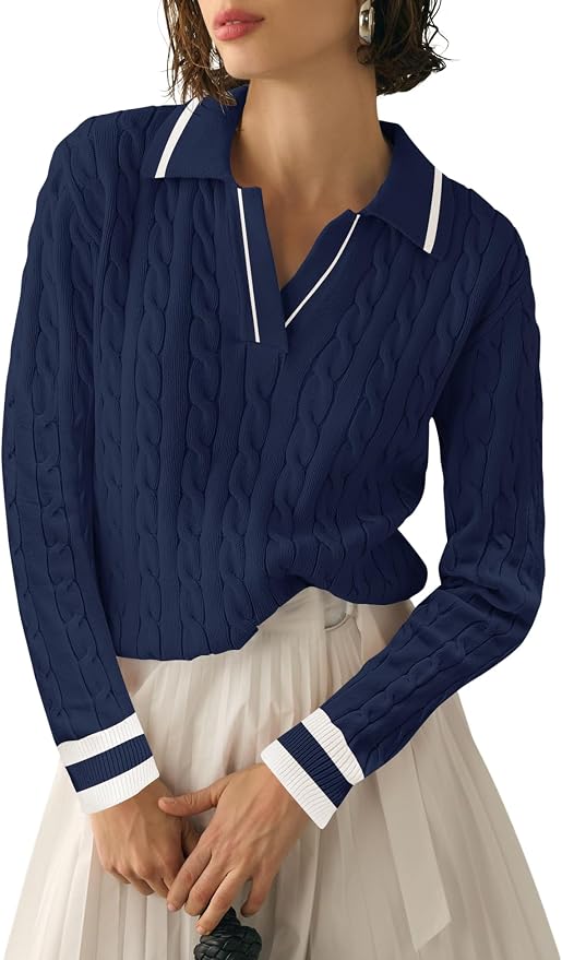 Micoson Womens Fall Long Sleeve Sweaters Lapel V Neck Cable Knitted Pullover Casual Soft Jumper Top