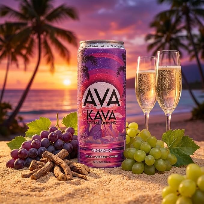AVA Kava | Alcohol-Free Relaxation Drink | Prosecco | Fast Acting Nano Kava • Zero Sugar Alcohols • Vegan • Plant Based • No Preservatives • Natural Flavors • Non GMO • Gluten Free | 12oz Cans (12-Pack)