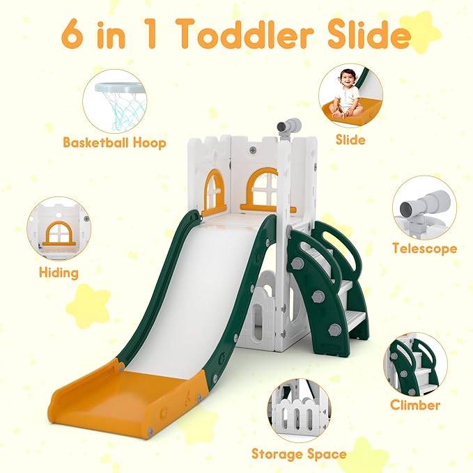 6 in 1 Toddler Slide Playset, Kids Indoor Outdoor Playground with Basketball Hoop,Storage and Telescope,Toddler Climber Slide Activity Center