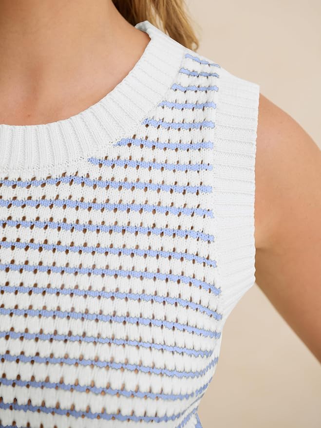 ANRABESS Womens Sleeveless Sweater Vest Striped Tank Tops | Crochet Knit Crew Neck, Lightweight Soft Comfy, Vacation Travel Work Casual Outfits, Sping Summer Layering Clothes