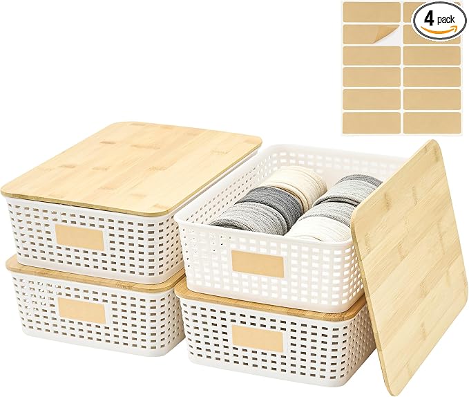 4 Pack Plastic Storage Bins with Bamboo Lids, 6.2qt Stackable Storage Organizer Box with Lable for Pantry Shelves Drawers Desktop Office, 12"L x 8.3"W x 3.5"H, Cream White