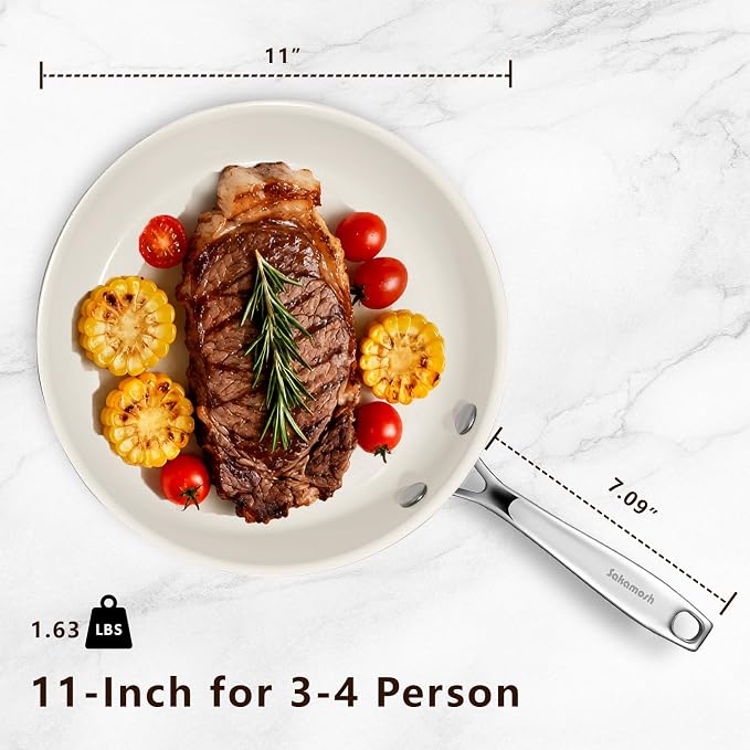 SAKAMOSH 11" Nonstick Ceramic Frying Pan, Non Toxic Pan, White | PTFE & PFAS & PFOA Free Ceramic Coating, Dishwasher/Oven Safe, Induction Compatible, suitable for all stovetops, Lightweight