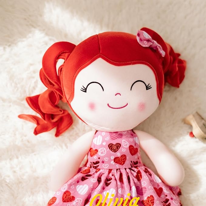 Gloveleya Personalized Name Baby Doll – Custom Red Hair Plush Girl Doll with Heart Dress 12", Unique Gift for Birthday, Baby Shower, Christmas & Holiday Keepsake for Toddlers and Little Girls