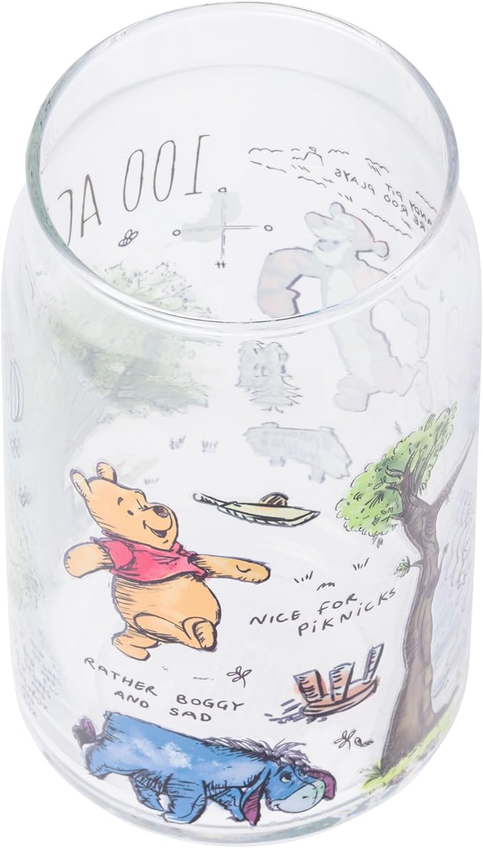 Silver Buffalo Disney Winnie the Pooh 100 Acre Wood Glass Tumbler with Bamboo Lid and Straw Featuring Winnie the Pooh and Eeyore, 16 Ounces