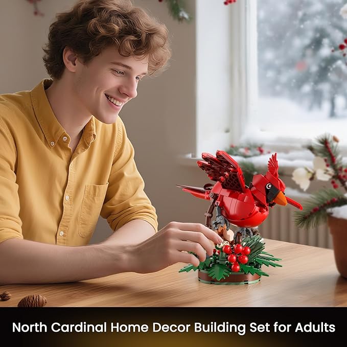 JAKI Northern Cardinal Building Kit, Red Bird with Holly Plant Botanical Collection Building Toys, Relaxing Build for Nature Lovers, Home Décor for Adults Kids
