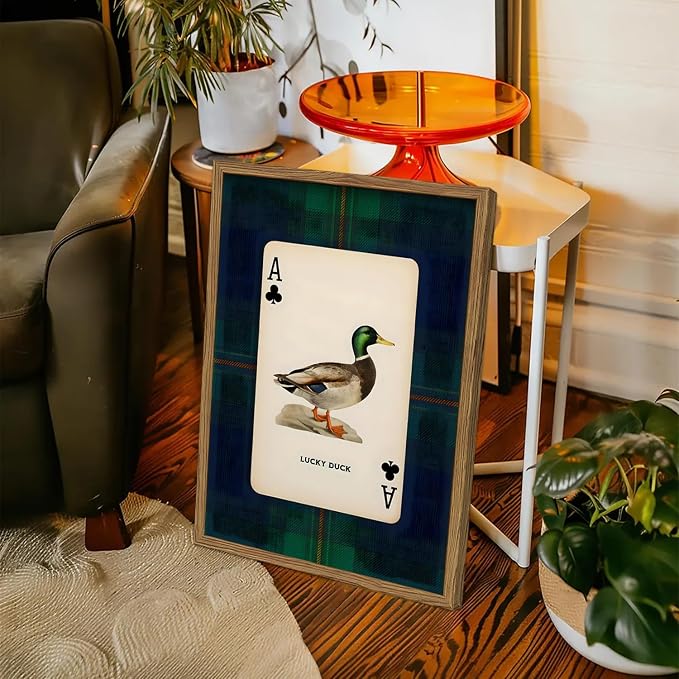 Vintage Mallard Duck Wall Art Cottage Core Hunting Lucky Duck Wall Decor Picture Dark Wildlife Playing Card Poster Canvas Print Painting for Farmhouse Bedroom Living Room 12x16 inch Wood Framed