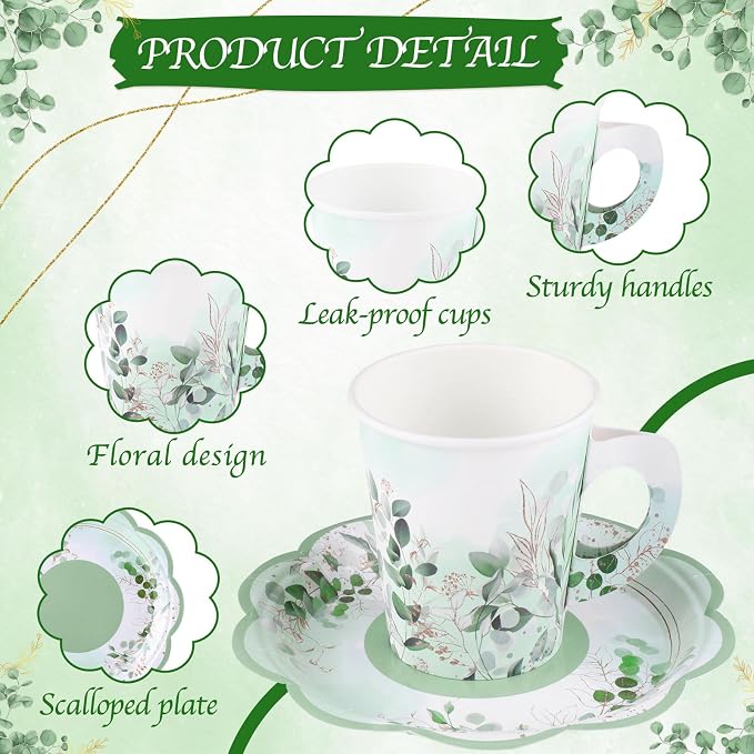 NatNarr 24 Sets Eucalyptus Leaf Tea Party Cups, 7 OZ Disposable Paper Tea Cups with Handle and Plates Teacups and Saucer Sets for Bridal Baby Shower Wedding Birthday Spring Party