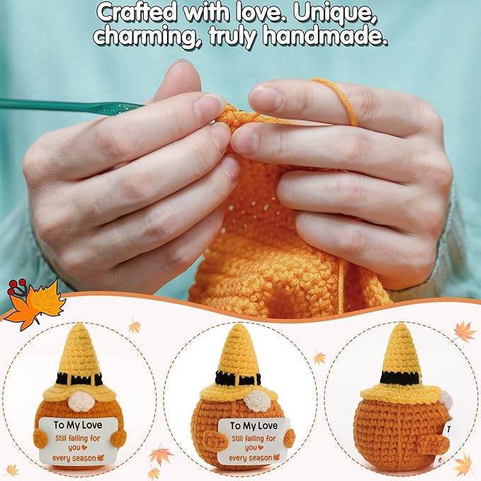 Fall Season Unique to My Love Gift, Handmade Pumpkin Gnome Crochet Plush with Message Card: Still Falling for You Every Season for Her Him Women Men Wife Husband Boyfriend Grilfriend