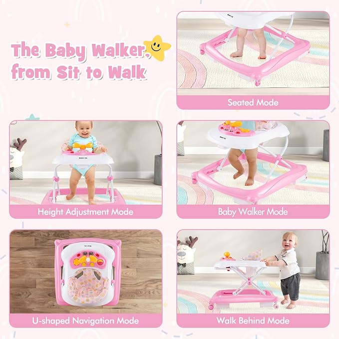 HONEY JOY Baby Walker, 5 in 1 Infant Activity Walker with Wheels, Music, Removable Cushion, Toddler Foldable Push Walker for Boys Girls, Anti-Rollover Walkers for Babies 7-14 Months (Pink)