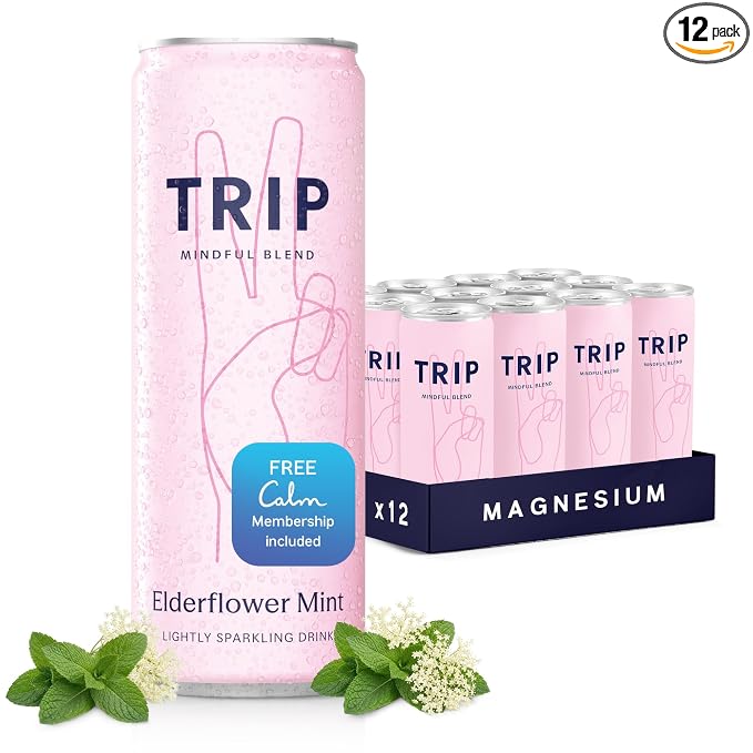 TRIP Lightly Sparkling Adaptogen Drink, Non Alcoholic Drink with Magnesium, Ashwagandha, Lions Mane & L Theanine, No Added Sugar Mocktail, Vegan, Elderflower Mint, 12 Oz, 12Pk