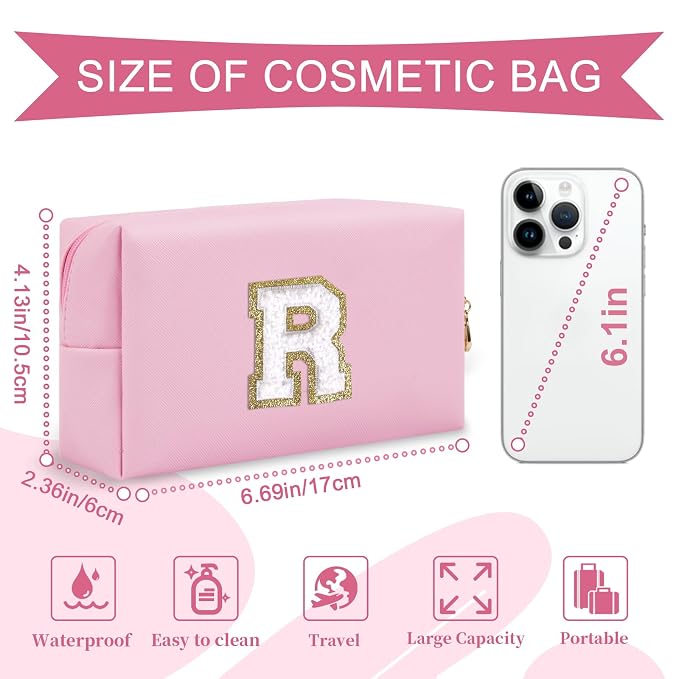 Personalized Initial A-Z Preppy Patch Makeup Bag,Small PU Chenille Letter Cosmetic Bag with Zipper for Teen Girls,Pink Cute Toiletry Organizer Bag,Monogram Makeup Case Gift for Women Girls,Letter R