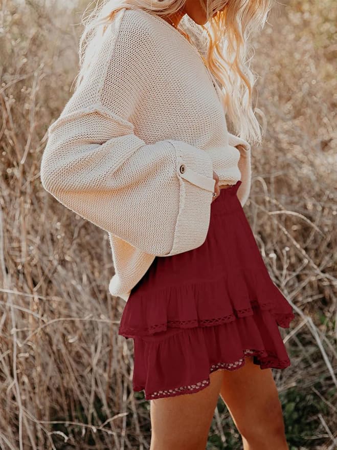 Flowy Shorts for Women Casual Boho Ruffle Tiered Skorts High Waist Mini Skirts Golf Tennis Crochet Shorts